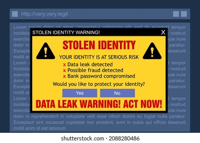 Online Fraud. Fake Stolen Identity Banner. Online Scam Popup Ad.