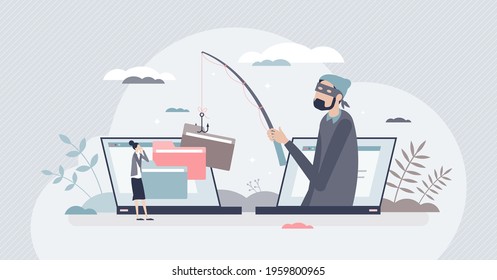 Online Fraud And Internet Crime Hacker Steals Information Tiny Person Concept. Personal Data Phishing With Virus Scam Victim Vector Illustration. Security And Safety Leak And Privacy Attack Risk.