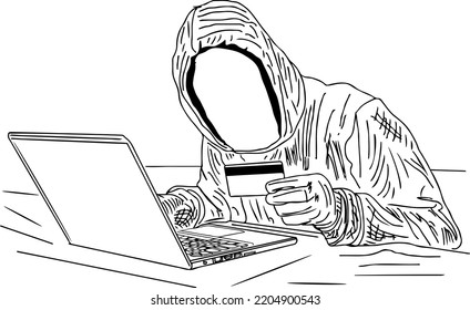 Online Fraud Man Vector Illustration, Online Crime Concept Cartoon Doodle Drawing, Swindler And A Thief Are Working At The Computer Sketch Drawing, Online Hacker Silhouette