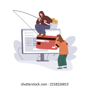 Fraude en línea, concepto de phishing. Robar datos bancarios, información de tarjetas de crédito a través de Internet. Víctima de ciberdelitos financieros y estafa. Ilustración vectorial gráfica plana aislada en fondo blanco