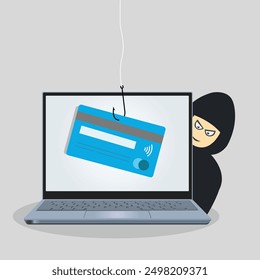 Online fraud, phishing concept. Stealing bank data, credit card information via internet. Victim of financial cyber crime and scam. graphic vector illustration