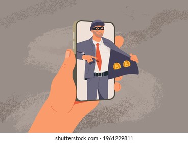 Online fraud vector illustration. Web hacking. Fraudster sells fake cryptocurrency, internet crime flat vector illustration. Hacker character frauding web online