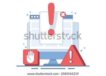 Online Fraud Warning Concept Data Warning Message or Exclamation Mark Danger Warning Cyber ​​Risk Fraud on Digital Internet Sites Laptop Computer PC, Unsecured Network Virus Attack.