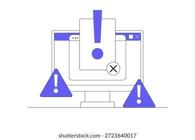 Warnung vor Online-Betrug. Datenwarnung Nachricht Ausrufezeichen Gefahr Warnung Cyber-Risiko-Betrug auf Digital-Internet-Computer-PC, ungesicherte Netzwerk-Virus-Angriff.Flat Cartoon Vektor Illustration, Symbol Stilvolles abstraktes Design Landing Page Web