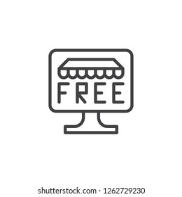 Online free shopping outline icon. linear style sign for mobile concept and web design. Computer monitor and free shop store simple line vector icon. Symbol, logo illustration. Pixel perfect vector