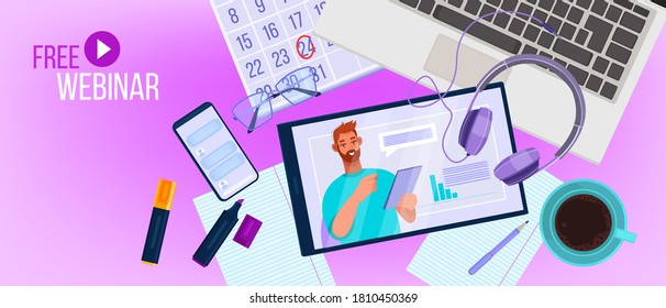 Banner vectorial de webinar gratuito en línea con joven tutor, pantalla de tablet, laptop, smartphone. Ilustración digital de educación o formación con espacio de trabajo plano. Concepto de seminarios web en línea con la oficina en el hogar