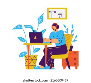 Online freelance work and home office concept with business person working from home using network application, flat vector illustration isolated on white background.