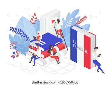 Online French language courses isometric 3d vector illustration. Distance education, remote school, France university. Students reading books Internet class, e learning language school isolated