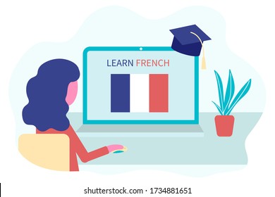 Online French Learning, distance education concept. Language training and courses. Woman student studies foreign languages on a website in a laptop. Vector in flat design.