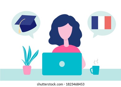 Online French Learning, distance education concept. Language training and courses. Woman student studies foreign languages on a website in a laptop. Vector in flat design.
