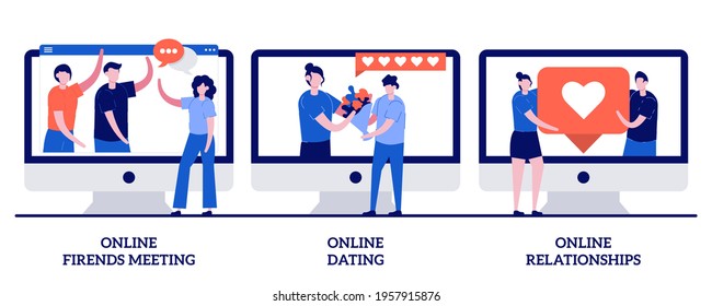 Online friends meeting, online dating and online relationship concept with tiny people. Friendship and communication abstract vector illustration set.