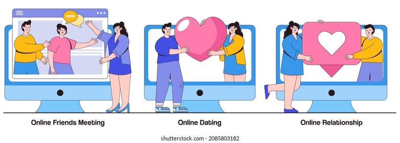 Online friends meeting, online dating and online relationship concept with character people. Friendship and communication abstract vector illustration set.