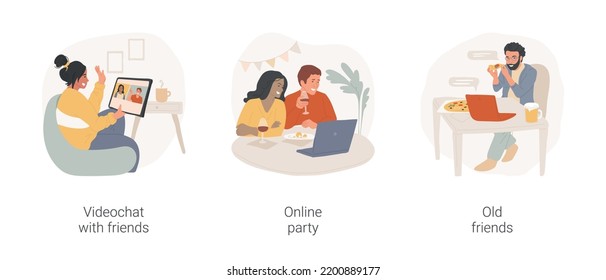 Online Friends Meeting Isolated Cartoon Vector Illustration Set. Online Communication, Talking With Friends On Video, Using Laptop, Virtual Pizza Party, Calling Old Friend, Say Hi Vector Cartoon.