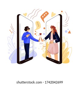 Online Friends Support Vector Flat Concept. Two Woman Characters Holding Hands, Sharing Sympathy, Support And Love To Each Other With Remote Virtual Video Conference, Phone Call.