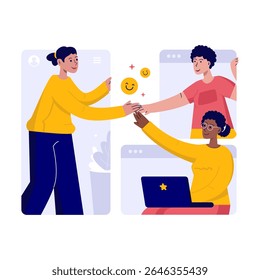 Online friendship, Connection relationship between women, Girls put their hands together, Vector illustration