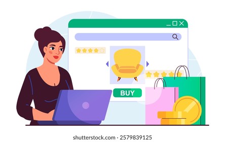 Online furniture shopping. Woman with laptop buys yellow chair on Internet. Cashless transfers and transactions. Girl buys interior elements. Home delivery. Flat vector illustration