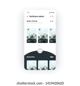 Online Furniture showroom UI, UX, GUI screen for mobile apps design. Modern responsive user interface design of mobile applications including Furniture store screen
