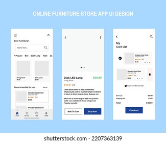 Online Furniture Store App design. UI UX screen template for mobile app and website mobile app. Phone display with flat illustrations.