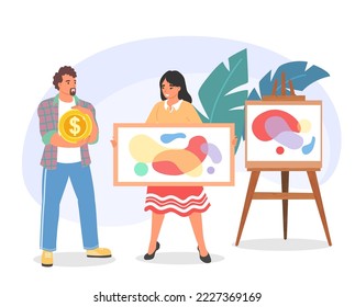 Online gallery nft crypto art vector. Customer buy picture by dollar, seller offering creative craft painting composition illustration. Digital artwork online trade concept