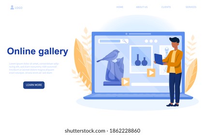 Online gallery of professional sculptor. Creating sculpture of the marble, wood, clay. Online visitor using laptop. Creative artist. Website, wen page, landing page template. Vector illustration