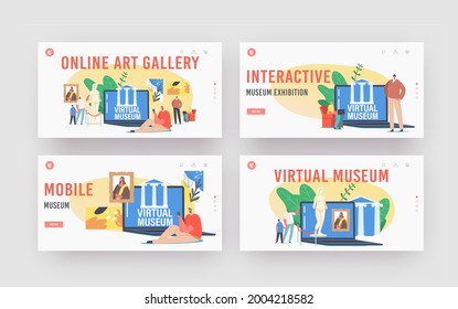 Online Gallery Technology Landing Page Template Set. People Visiting Virtual Museum Exhibition, Digital Tour. Tiny Characters At Huge Laptop With Masterpieces On Screen. Cartoon Vector Illustration