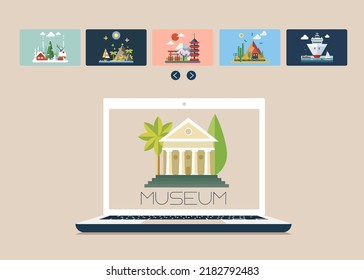 Online Gallery. Virtual Art Gallery Tours. VR Technology. Vector Illustration