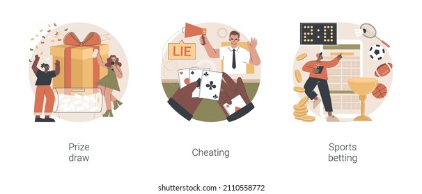 Online gambling abstract concept vector illustration set. Prize draw, cheating, sports betting, big prize winner, computer games, mobile app, promotional marketing, casino abstract metaphor.