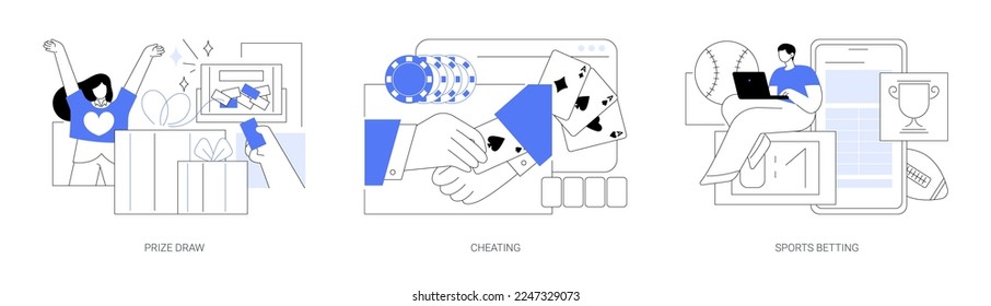 Online gambling abstract concept vector illustration set. Prize draw, cheating, sports betting, big prize winner, computer games, mobile app, promotional marketing, casino abstract metaphor.