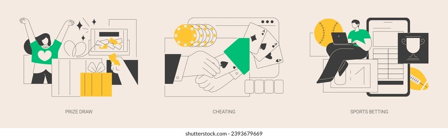 Juego de ilustraciones vectoriales de concepto abstracto del juego en línea. Sorteo de premios, engaño, apuestas deportivas, gran premio ganador, juegos de ordenador, aplicación móvil, marketing promocional, metáfora abstracta de casino.