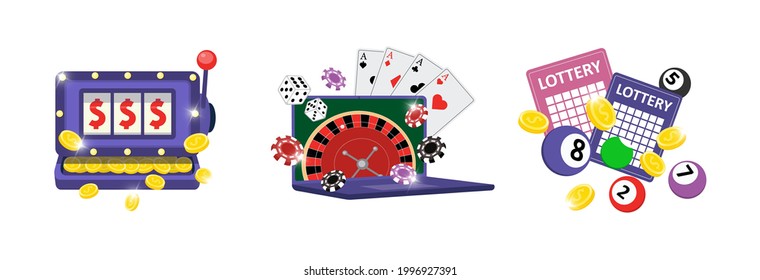 Online gambling addiction icon set. Risky entertainment internet casino dependence illustration. Slot machine, lottery game, roulette, dice and poker club symbols. Jackpot win and lucky raffle tickets