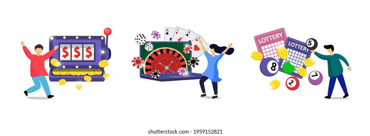 Online gambling addiction set. Risky entertainment internet casino dependence illustration. Slot machine, lottery game, roulette, dice and poker club scenes. Jackpot win and lucky raffle tickets