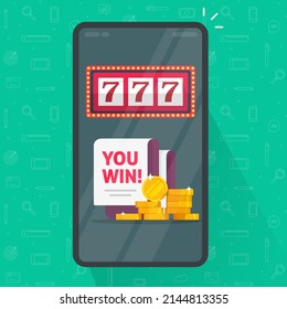 Online gambling bet game on cell phone as casino winner with bonus prize gift vector or win 777 jackpot via cellphone smartphone app or mobile cellphone application flat cartoon illustration
