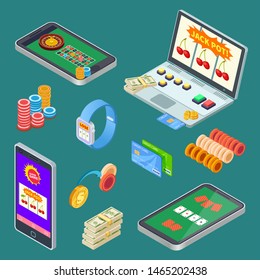 Online gambling, casino app isometric vector elements. Illustration casino gambling game, poker and roulette