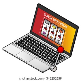 Online Gambling Concept: A Laptop Running A Fruit/slot/pokies Machine App With A Red Pull Handle.