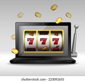 Online Gambling Concept With Laptop And Slot Machine Handle And Coins Vector Illustration