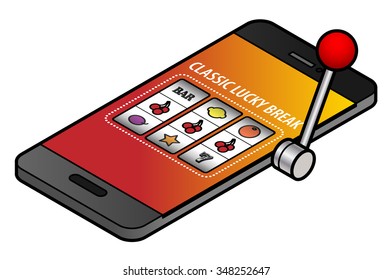 Online Gambling Concept: A Smartphone Running A Fruit/slot/pokies Machine App With A Red Pull Handle.