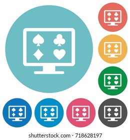 Online gambling flat white icons on round color backgrounds