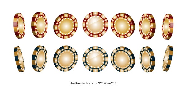 Online gambling game, casino 3d golden chip in different position. Gold rotating poker vip chips. Vector illustration