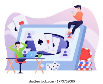Online Gambling Illustration, Playing Poker and Domino. This illustration can be use for website, landing page, web, app, and banner.
