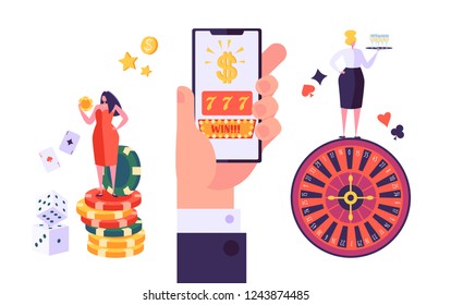 Online Gambling Internet Casino Concept. People Characters with Roulette, Chips, Slots, Dice, Jackpot. Playing Casino using Smartphone. Vector Illustration