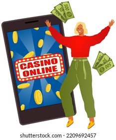 Online Gambling Internet Casino Concept, Application For Mobile Phone. Happy Female Winner Character Win Money At Roulette, Chips, Slots, Dice, Jackpot. Woman Playing Casino Using Smartphone