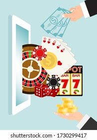 Online gambling play, person human hand hold play card gold coin and casino chip flat vector illustration. Game chance lose money mobile phone and smartphone gadget, internet cash game.