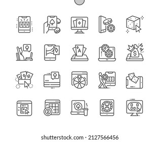 Online gambling. Poker cards. Lottery, casino, bingo and dice. Roulette wheel. Pixel Perfect Vector Thin Line Icons. Simple Minimal Pictogram