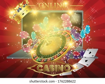 Online-Glücksspiel, Technologie. Verschiedene bunte Casino-Chips, Karten, GOLDEN CROWN, ROULETTE-Stack auf einem Laptop. Farbiger Hintergrund. Vorschauflyer, Banner oder Plakateinladung Design.