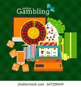 Online gambling vector illustration. Slot machine, roulette, desktop, phone, stacks of money, poker chips and dice cubes