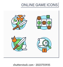 Online game color icons set. Different game types. Quest, role play, three in row, strategy games. Modern technology concept. Isolated vector illustrations