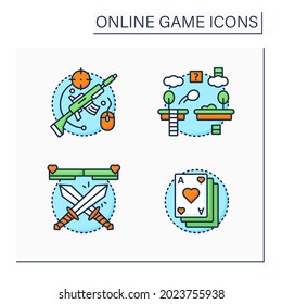 Online game color icons set. Different game types. Shooting, platform, fighting, card games. Modern technology concept. Isolated vector illustrations
