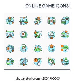 Online game color icons set. Different game types. Arcade, role play, simulation. Virtual reality. Modern technology concept. Isolated vector illustrations