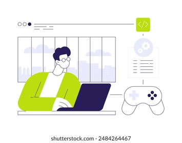 Ilustración vectorial de concepto abstracto de desarrollo de juegos en línea. Ingeniero de software que crea un nuevo juego en línea, especialista de la empresa de TI, desarrollo de back-end, metáfora abstracta de tecnología moderna.