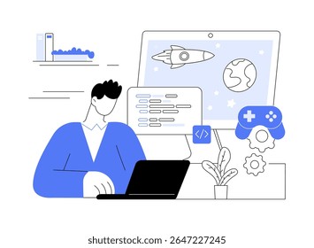Online game development isolated cartoon vector illustrations. Back end developer programming online game, software engineering, IT company specialist, virtual reality development vector cartoon.